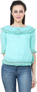 BuyNewTrend Casual Short Sleeve Solid Women's Light Blue Top