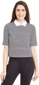 Miss Chase Casual Short Sleeve Striped Women's Black Top