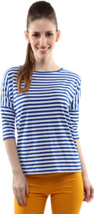 Miss Chase Casual 3/4th Sleeve Striped Women's Blue Top