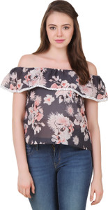 BrandMeUp Casual Cap Sleeve Floral Print Women's Grey Top