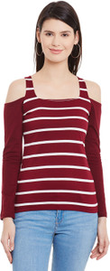 Hypernation Casual Full Sleeve Striped Women's Maroon, White Top