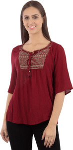 Good Fashion Party 3/4th Sleeve Embroidered Women's Red Top