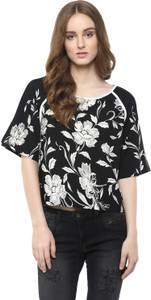 Harpa Casual Short Sleeve Floral Print Women's Black Top