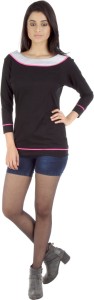 Veakupia Casual 3/4th Sleeve Solid Women's Black Top