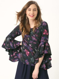 Marie Claire Casual Butterfly Sleeve Printed Women's Black Top