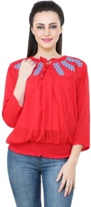 BuyNewTrend Casual 3/4th Sleeve Embroidered Women's Red Top