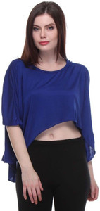 TeeMoods Casual Cap Sleeve Solid Women's Blue Top