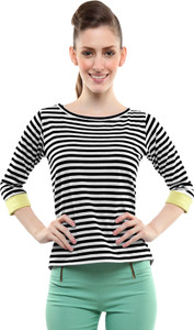 Miss Chase Casual 3/4th Sleeve Striped Women's Black Top
