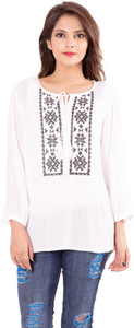 Goodwill Impex Casual 3/4th Sleeve Embroidered Women's White Top