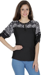 Mayra Party 3/4th Sleeve Printed Women's Black Top