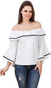 BrandMeUp Party Bell Sleeve Solid Women's White Top
