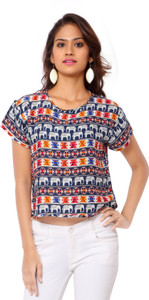 Urban Fashion Bank Casual Cap Sleeve Printed, Animal Print Women's Blue Top