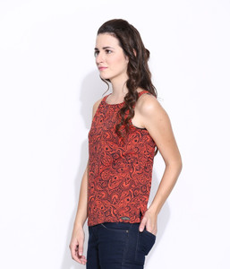 Cult Fiction Casual Sleeveless Printed Women's Orange Top