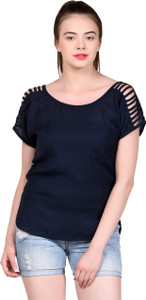 LA ATTIRE Casual Short Sleeve Solid Women's Blue Top