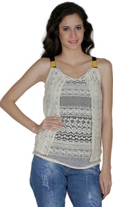 Mayra Party Sleeveless Self Design Women's White Top