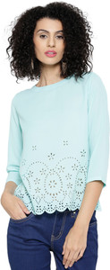 Sassafras Casual 3/4th Sleeve Solid Women's Light Blue Top