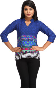 Cottinfab Casual 3/4th Sleeve Floral Print Women's Blue Top