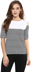 Miss Chase Casual Short Sleeve Striped Women's Black Top