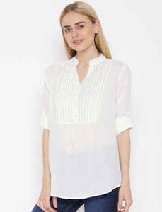 Vaak Casual Roll-up Sleeve Solid Women's White Top