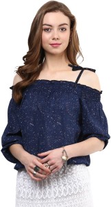 rare casual cold shoulder printed women blue top