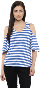 Hypernation Casual Cap Sleeve Striped Women's Blue, White Top