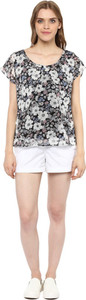 Martini Casual Cap Sleeve Floral Print Women's Black Top