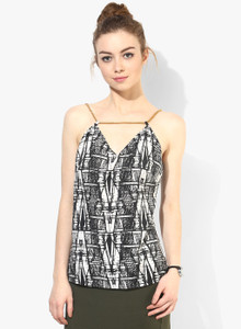 Veni Vidi Vici Casual Sleeveless Printed, Geometric Print, Embellished Women's Multicolor, Black, White Top