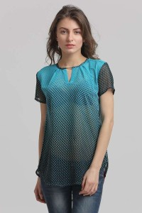 Moda Elementi Casual Short Sleeve Printed Women's Blue Top