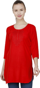 BuyNewTrend Casual 3/4th Sleeve Embroidered Women's Red Top