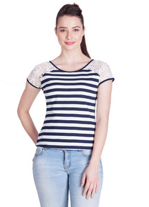 Veakupia Casual Short Sleeve Striped Women's White, Dark Blue Top