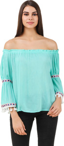 BrandMeUp Party 3/4th Sleeve Solid Women's Light Blue Top