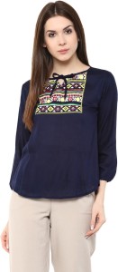 Mayra Party 3/4th Sleeve Solid Women's Blue Top
