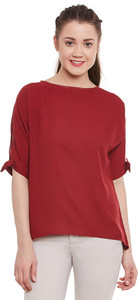 Miss Chase Party Short Sleeve Solid Women's Maroon Top