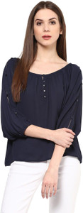 Harpa Casual 3/4th Sleeve Solid Women's Dark Blue Top