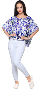 Ahalyaa Party Short Sleeve Printed Women's Blue Top