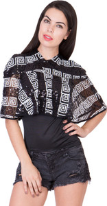 Khhalisi Party Cap Sleeve Printed Women's Black Top