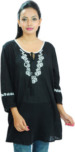 Goodwill Impex Casual 3/4th Sleeve Embroidered Women's Black Top