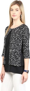 rare casual 3/4 sleeve printed, solid women black top