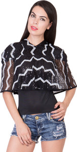 Khhalisi Party Cap Sleeve Printed Women's Black Top