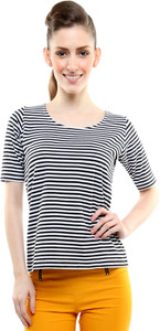 Miss Chase Casual Short Sleeve Striped Women's Black, White Top