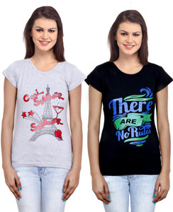 IndiWeaves Casual Short Sleeve Printed Women's Grey, Black Top