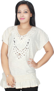 Plus Wink Casual Cap Sleeve Solid Women's Beige Top