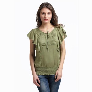 Moda Elementi Casual Short Sleeve Solid Women's Green Top