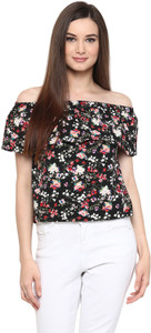 Harpa Casual Sleeveless Printed Women's Black Top