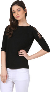 Fashion Expo Casual 3/4th Sleeve Solid Women's Black Top