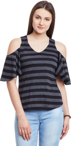 Hypernation Casual Butterfly Sleeve Striped Women's Black, Grey Top