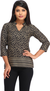 Cottinfab Casual 3/4th Sleeve Floral Print Women's Black Top