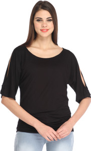 Cation Casual Short Sleeve Solid Women's Black Top