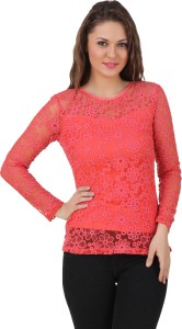 Texco Party Full Sleeve Self Design Women's Pink Top