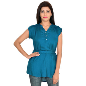 Goodwill Impex Casual Cap Sleeve Solid Women's Blue Top